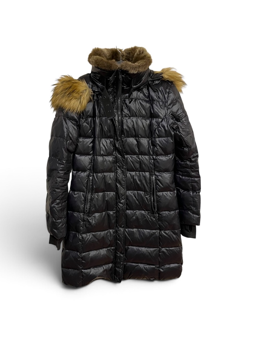 Long Black Quilted Puffer Coat with Faux Fur Trim s13